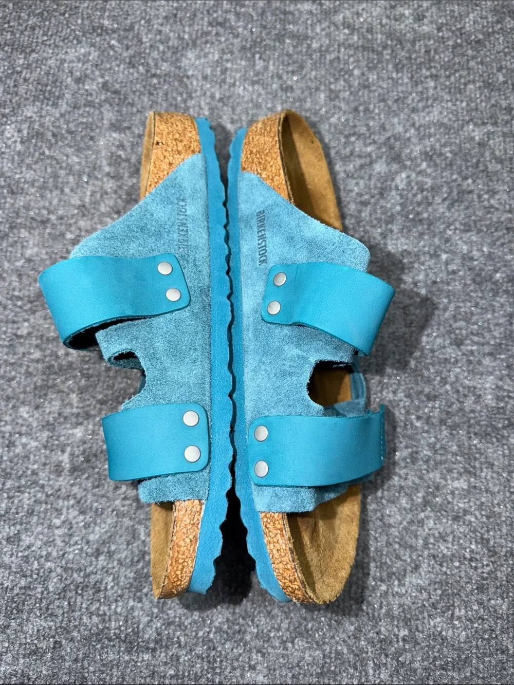 Birkenstock  Double-Strap Nubuck-Suede Deep Turquoise Leather Slide Sandals